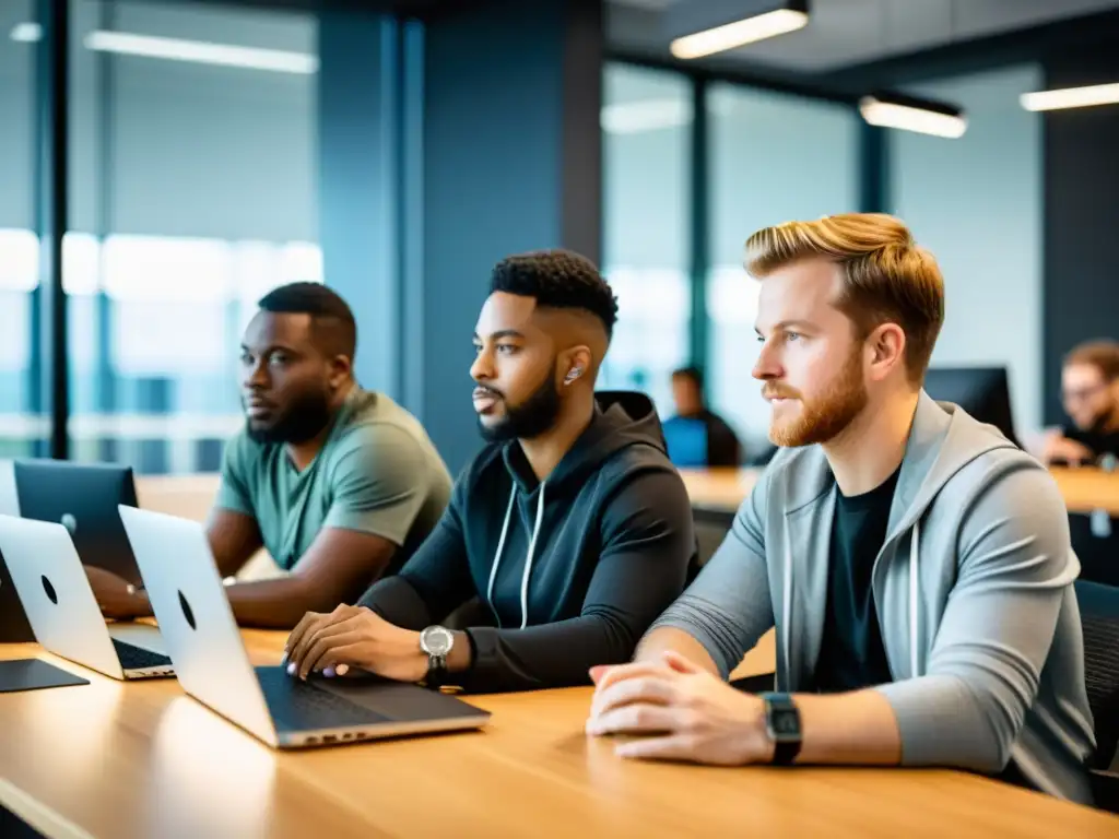 Equipo de Desarrolladores Frontend en Colaboración Equipo diverso de desarrolladores frontend colaborando en un proyecto en un moderno ambiente de oficina