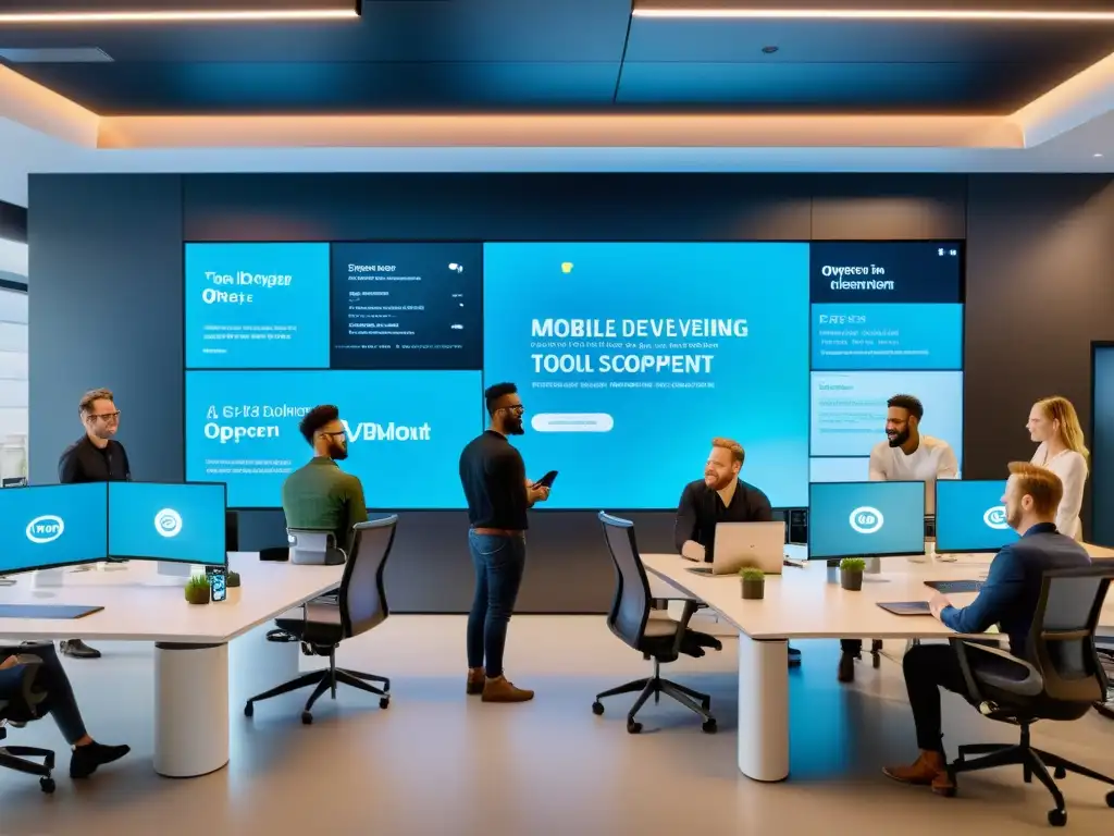Equipo diverso de desarrolladores colaborando en un moderno espacio de oficina abierto, en desarrollo aplicaciones móviles con frameworks open source