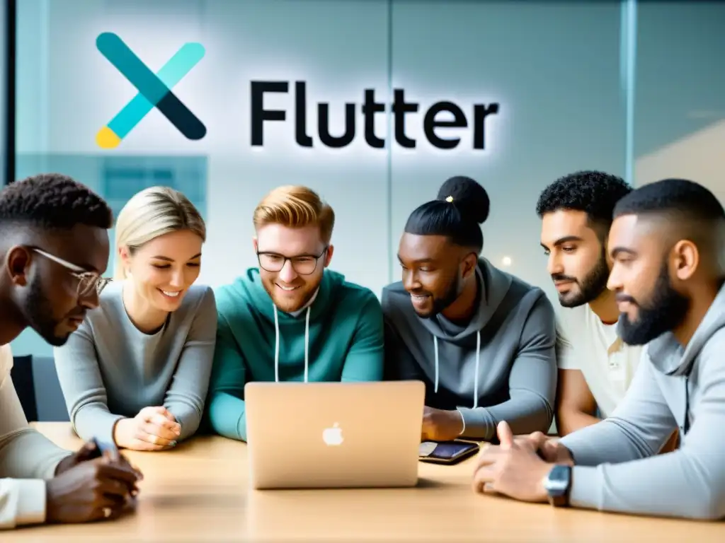 Un equipo diverso de desarrolladores profesionales colaborando en la construcción de aplicaciones con Flutter Open Source, mostrando enfoque y trabajo en equipo en un entorno moderno y profesional