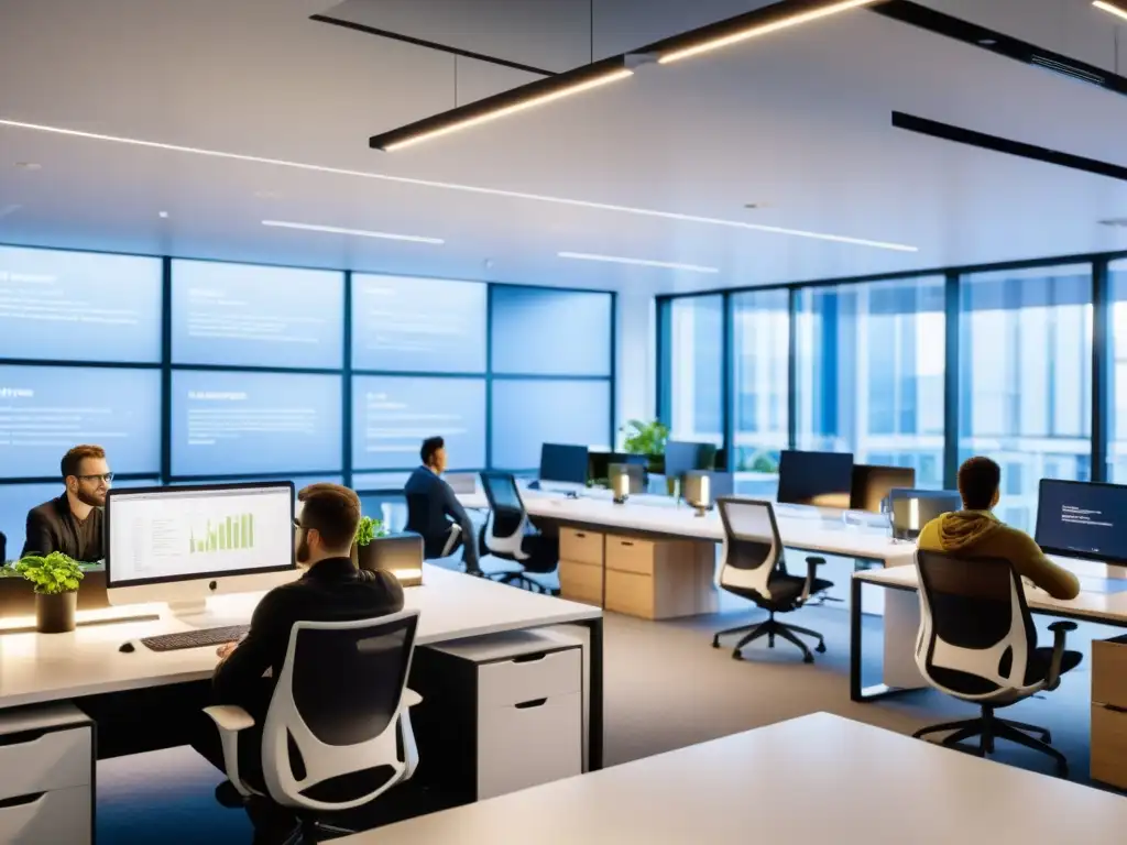 Un equipo diverso de desarrolladores colabora en un proyecto de desarrollo backend en un moderno espacio de oficina