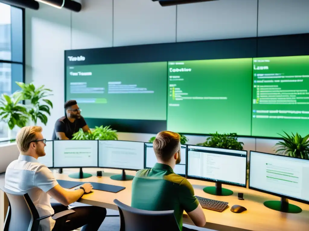 Un equipo diverso de desarrolladores colaborando en proyectos de testing de software open source, en un espacio moderno y profesional