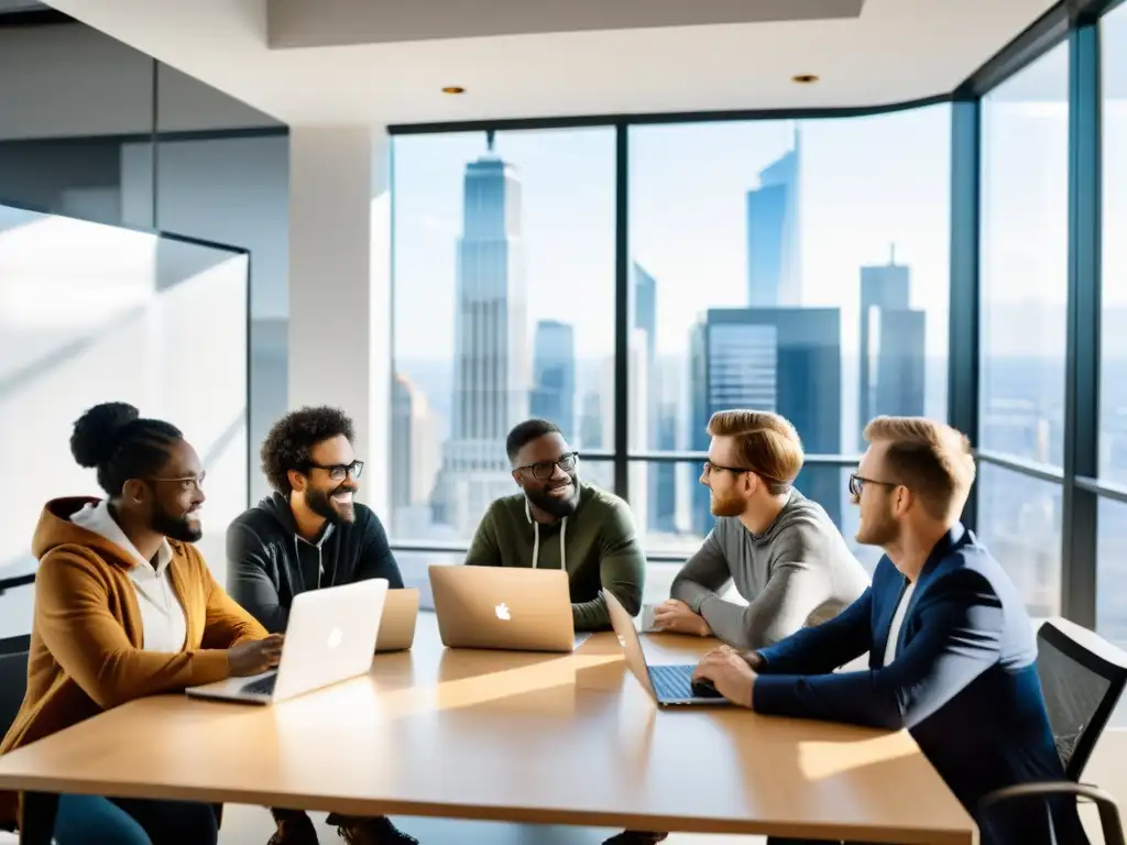 Un equipo diverso de desarrolladores contribuye a proyectos open source en una oficina moderna con luz natural y vistas a la ciudad