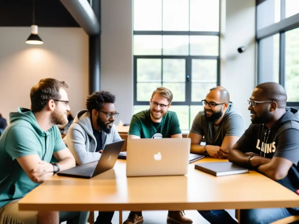 Equipo diverso de desarrolladores colaborando en proyectos opensource de Linux, intercambiando ideas para optimizar el flujo de trabajo
