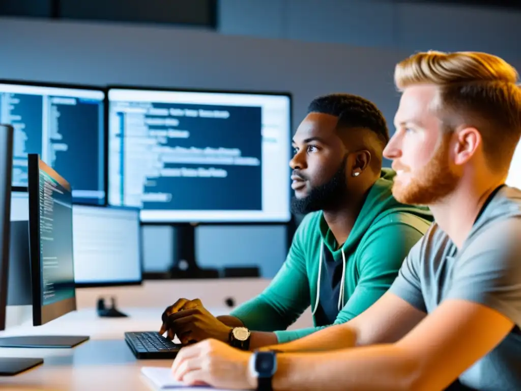 Un equipo diverso de desarrolladores colabora en proyectos de FrontEnd de código abierto en un espacio moderno y elegante