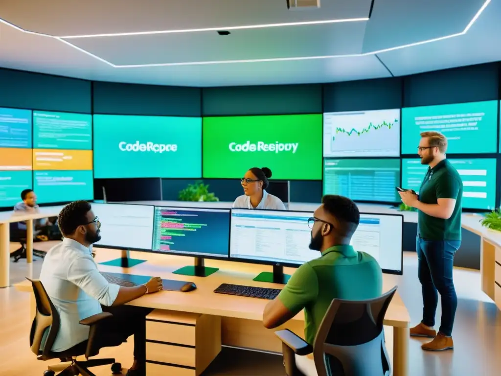Un equipo diverso de desarrolladores colaborando en un repositorio de código, en un espacio de oficina moderno y dinámico