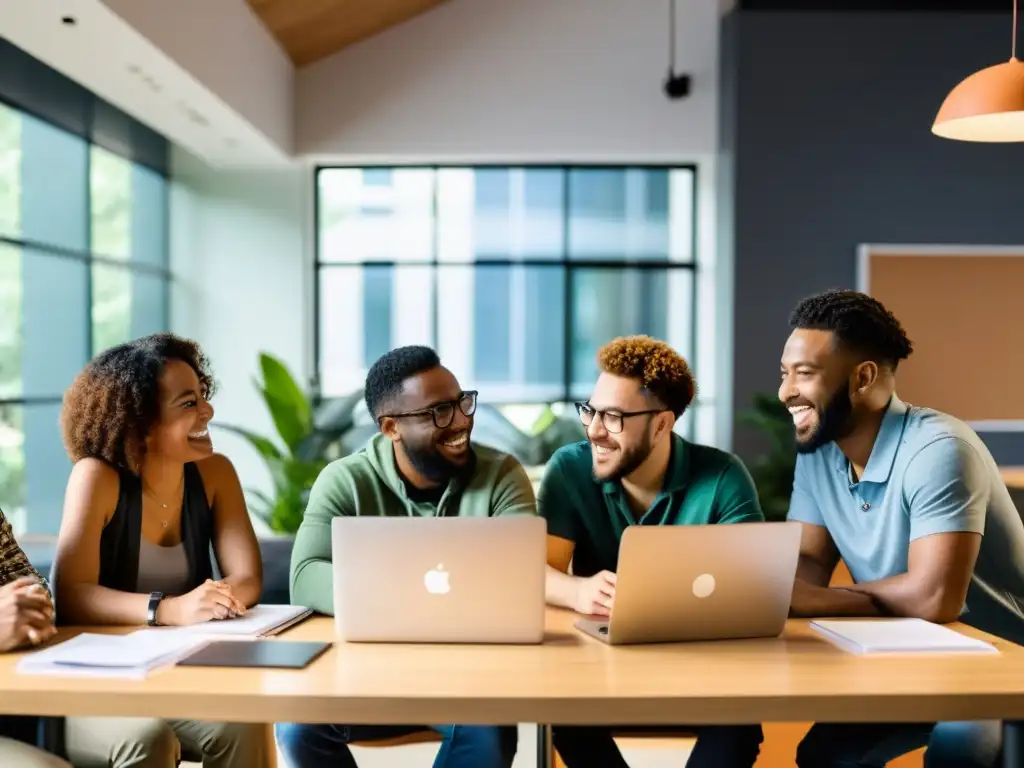 Un equipo diverso de desarrolladores de software colabora en un proyecto, mostrando entusiasmo y camaradería