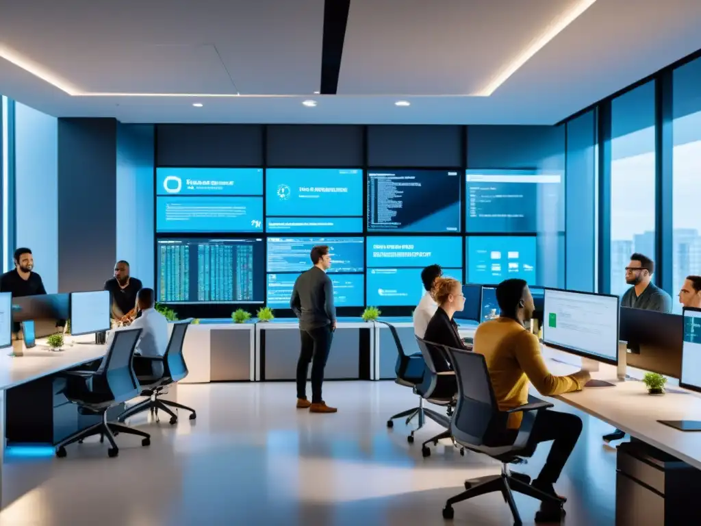 Equipo diverso de desarrolladores de software colaborando en una oficina moderna, fomentando la innovación en proyectos de software libre