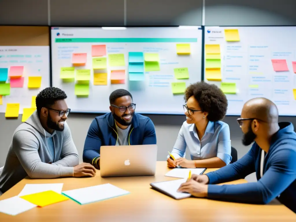 Equipo diverso de desarrolladores de software colaborando en una mesa con laptops, pizarras llenas de diagramas y notas adhesivas