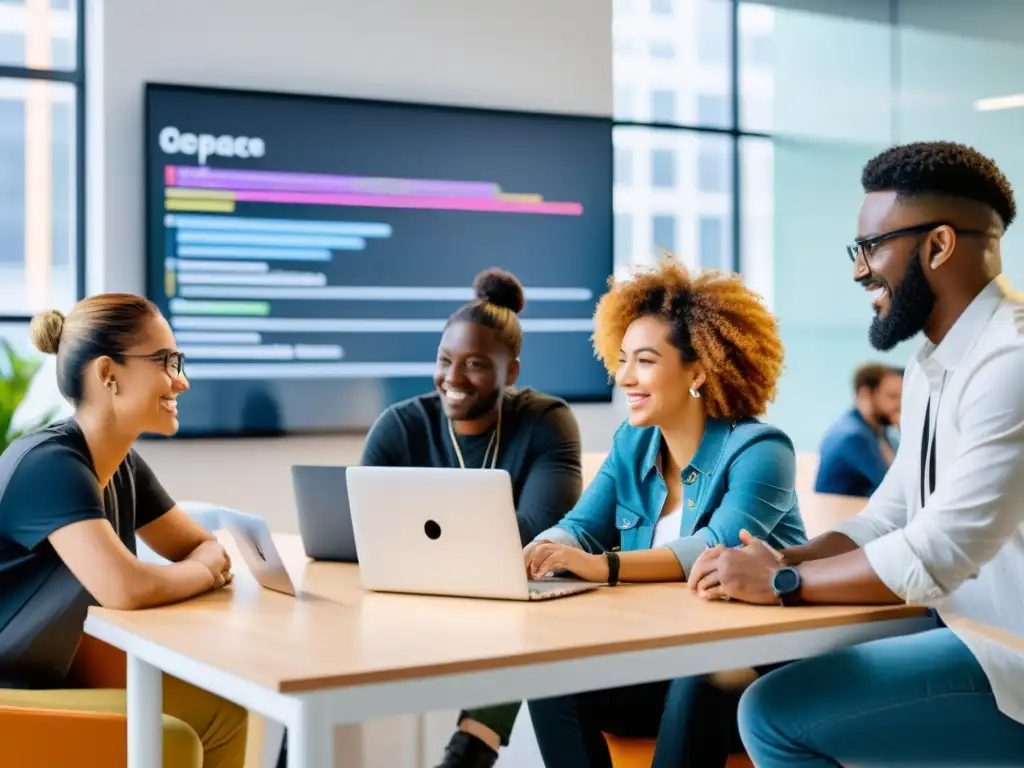 Equipo diverso de desarrolladores de software colaborando en un espacio de oficina moderno y creativo