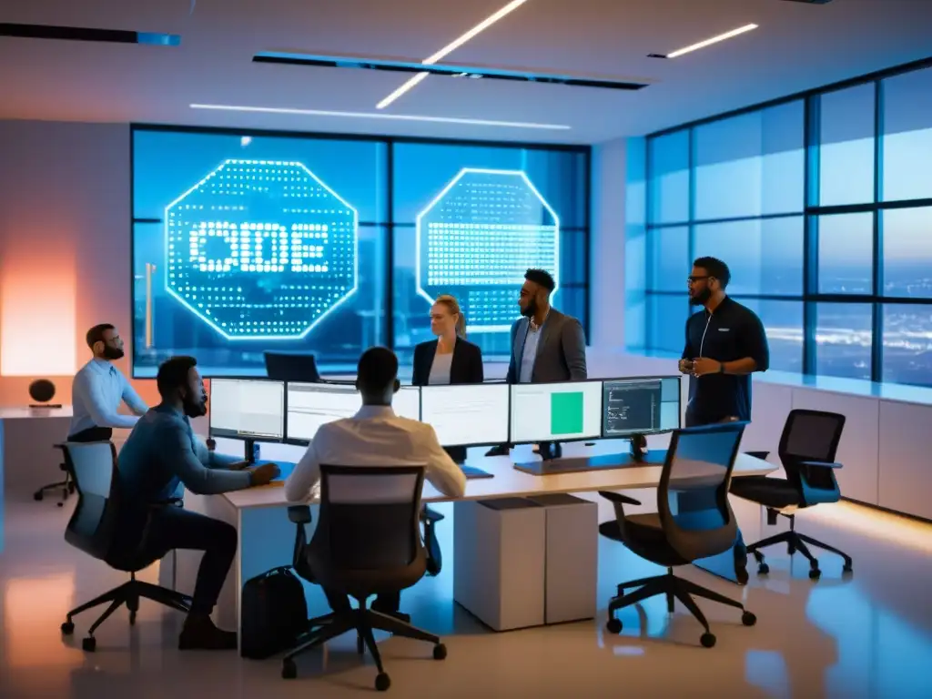 Un equipo diverso de desarrolladores de software colabora en una oficina moderna, rodeados de tecnología avanzada