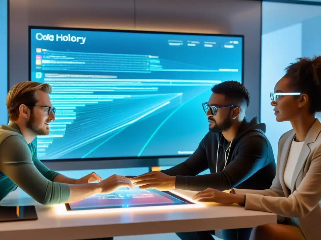 Un equipo diverso de desarrolladores de software colaborando en proyectos de código abierto, reunidos alrededor de una interfaz de control de versiones futurista