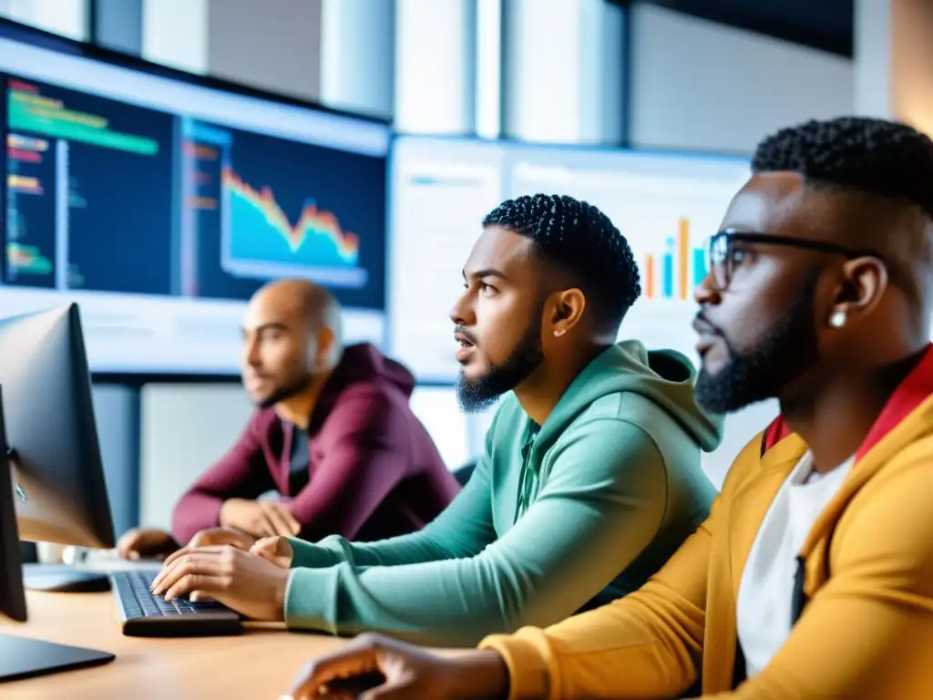 Un equipo diverso de desarrolladores de software discute animadamente en torno a una mesa, rodeados de pantallas con código y gráficos