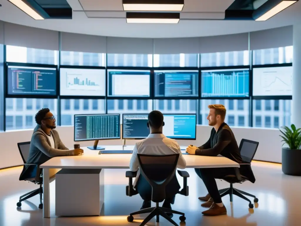 Un equipo diverso de desarrolladores de software colabora en un moderno espacio de oficina, rodeado de tecnología futurista y pantallas digitales que muestran líneas de código y diagramas de proyectos