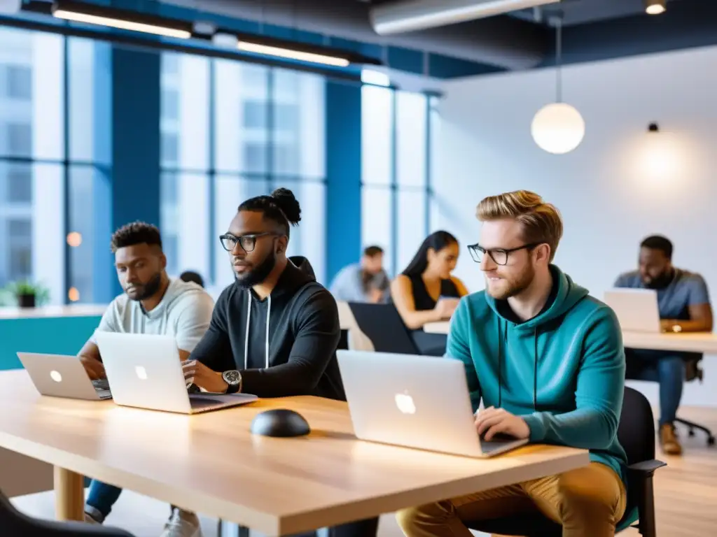 Un equipo diverso de desarrolladores de software colabora en un espacio de coworking moderno, iluminado y futurista