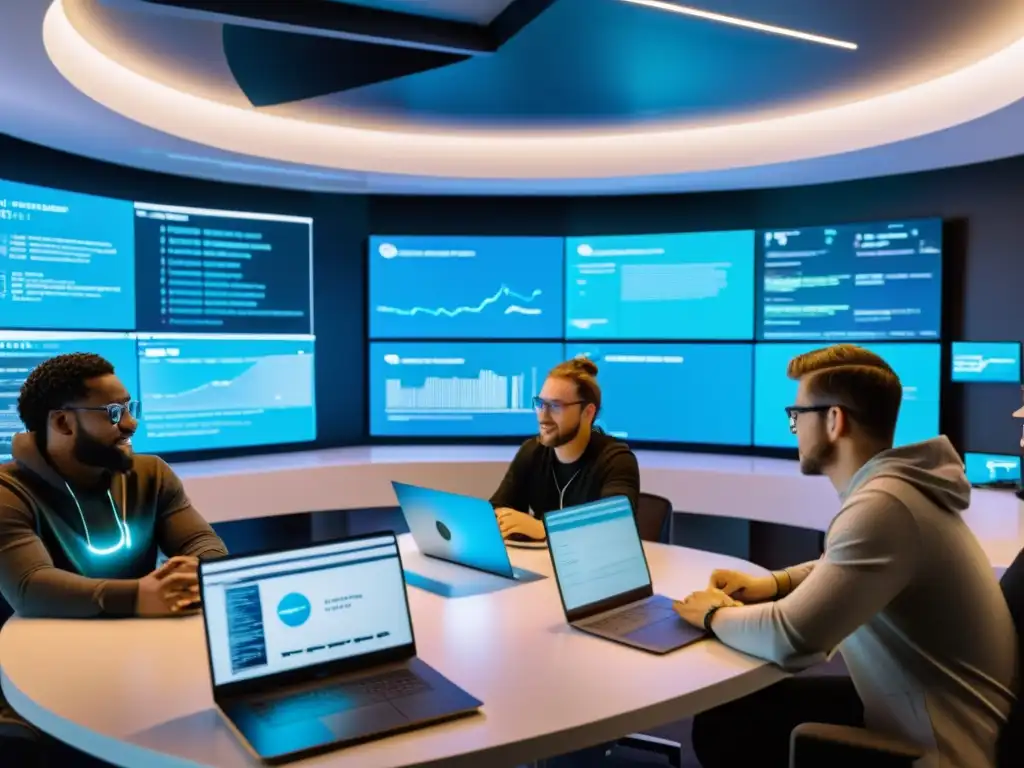 Equipo diverso de desarrolladores de software colaborando en un espacio de oficina futurista, desafiando prejuicios sobre futuro código abierto