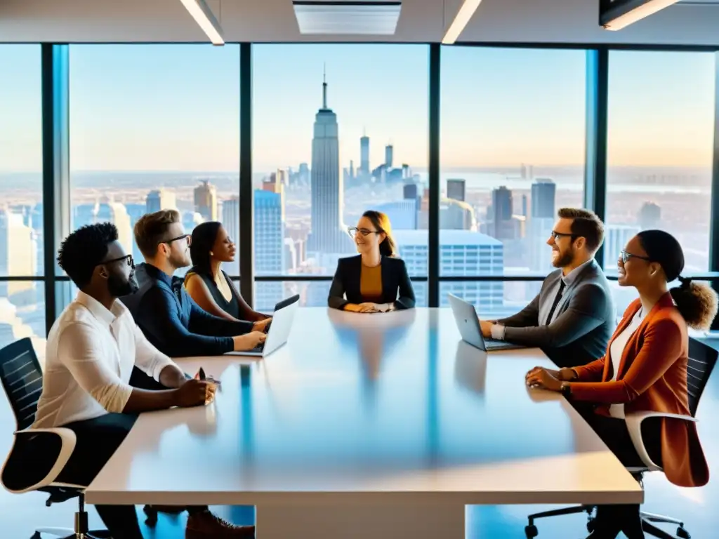 Un equipo diverso de desarrolladores de software colaborando en una oficina moderna y luminosa, con vistas a la ciudad