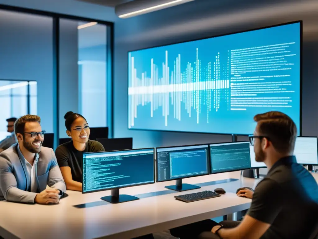 Un equipo diverso de desarrolladores de software colabora en una oficina moderna, revisando líneas de código abierto