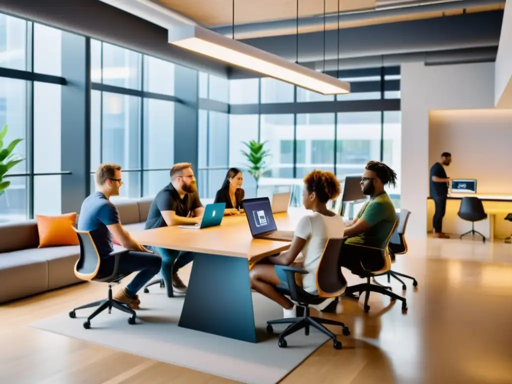 Equipo diverso de desarrolladores de software colaborando en un espacio de coworking moderno, con tendencias de código abierto y atmósfera innovadora