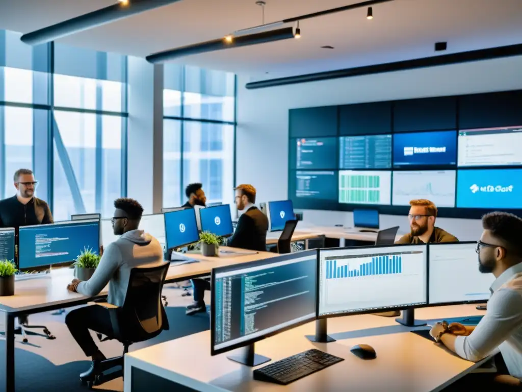 Un equipo diverso de desarrolladores de software colabora en un espacio de oficina moderno, rodeado de ventanas grandes y equipo de alta tecnología