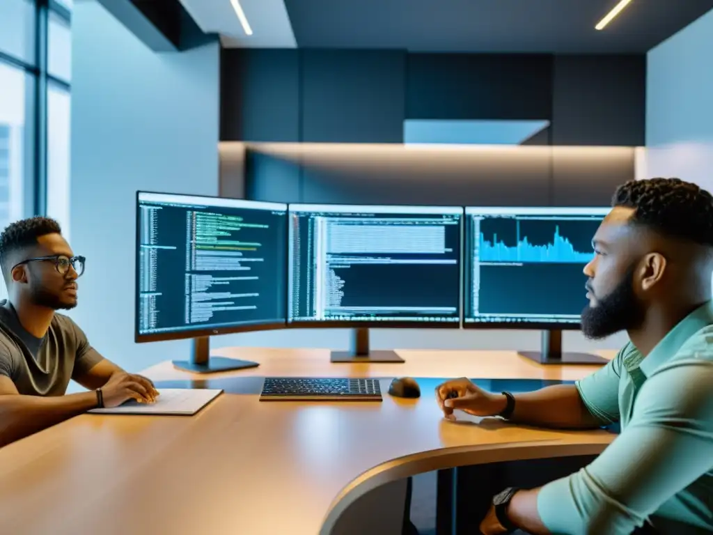 Un equipo diverso de desarrolladores de software colabora en la revisión de código, fomentando la contribución a proyectos open source