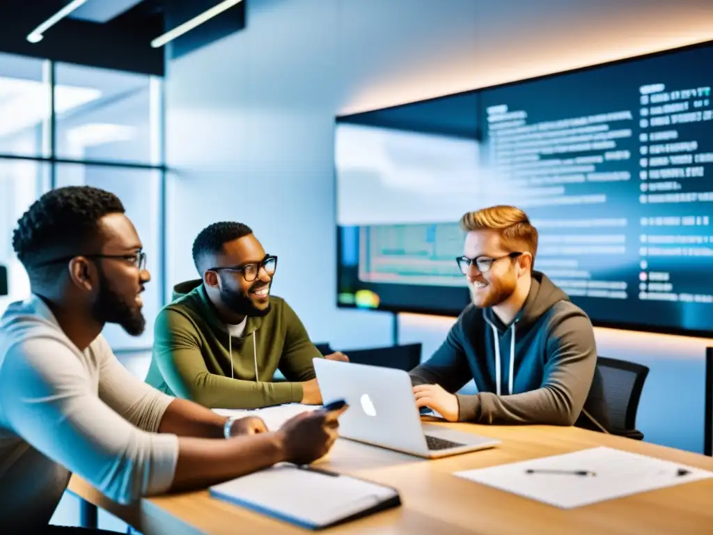 Equipo diverso de desarrolladores de software colaborando en un espacio moderno, rodeados de pantallas y pizarras con código y diagramas