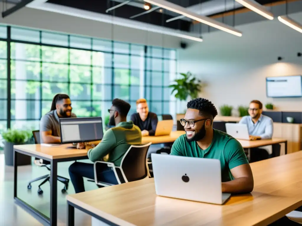 Equipo diverso de desarrolladores de software colaborando en un moderno espacio de oficina