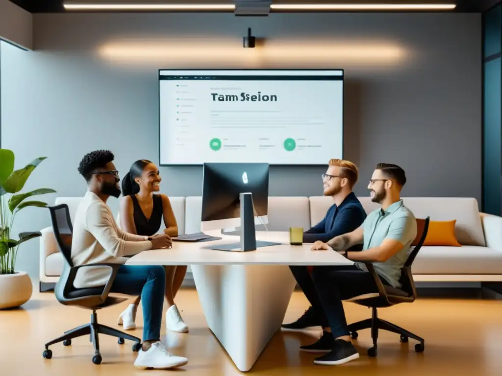 Un equipo diverso de desarrolladores web colabora en un espacio de oficina minimalista, discutiendo sobre los mejores frameworks de código abierto