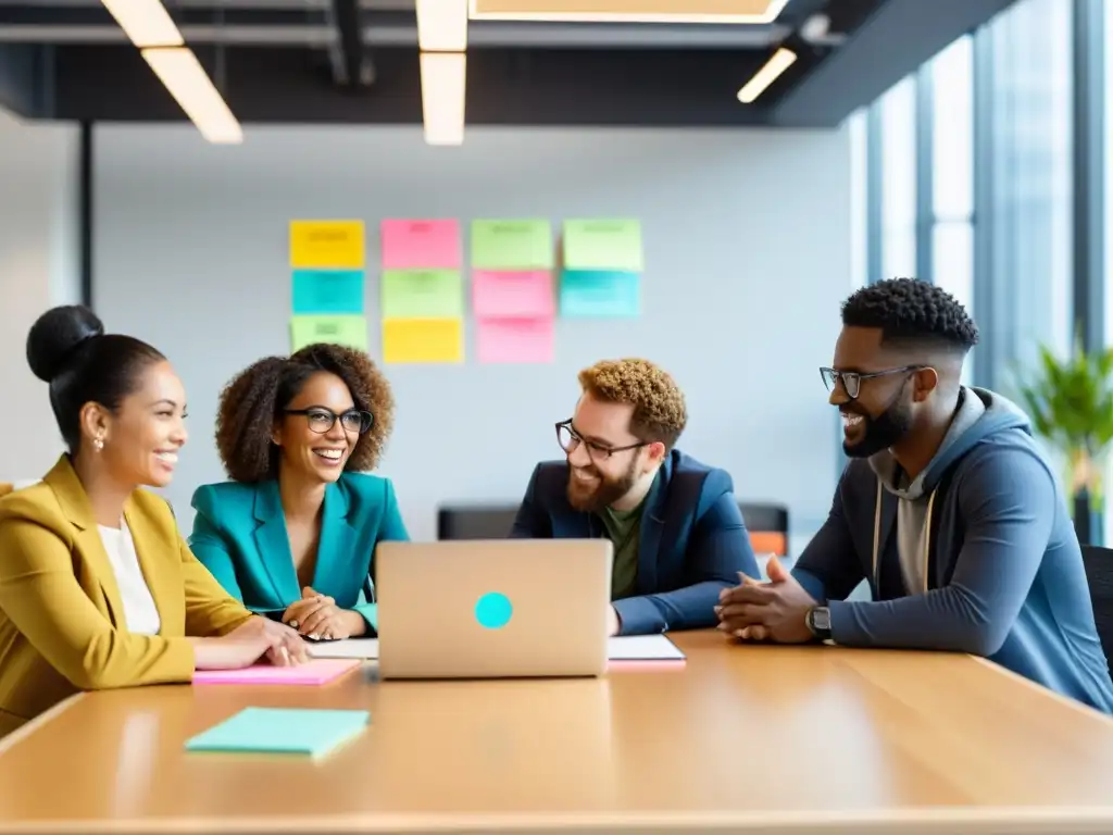 Un equipo diverso colabora en desarrollo de software abierto en una oficina moderna y luminosa, reflejando una atmósfera dinámica e inclusiva