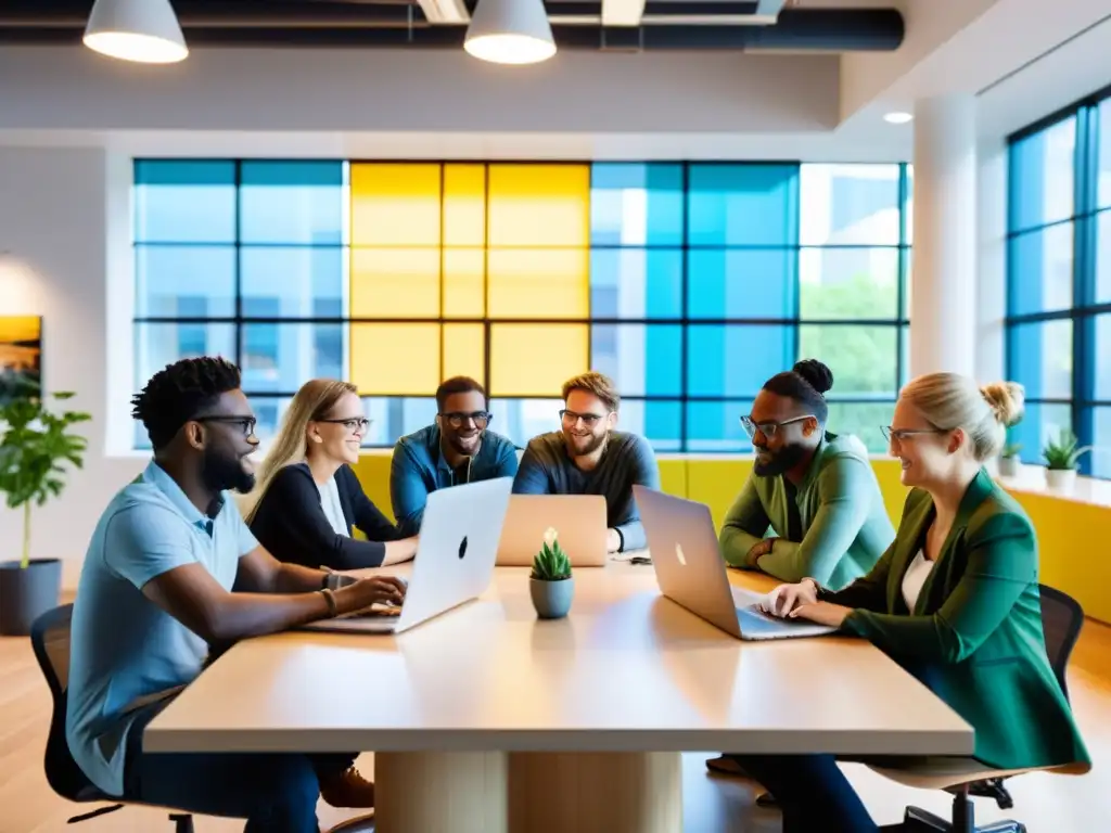 Equipo diverso colaborando en desarrollo de software libre en una oficina moderna y vibrante, reflejando el impacto social del software libre