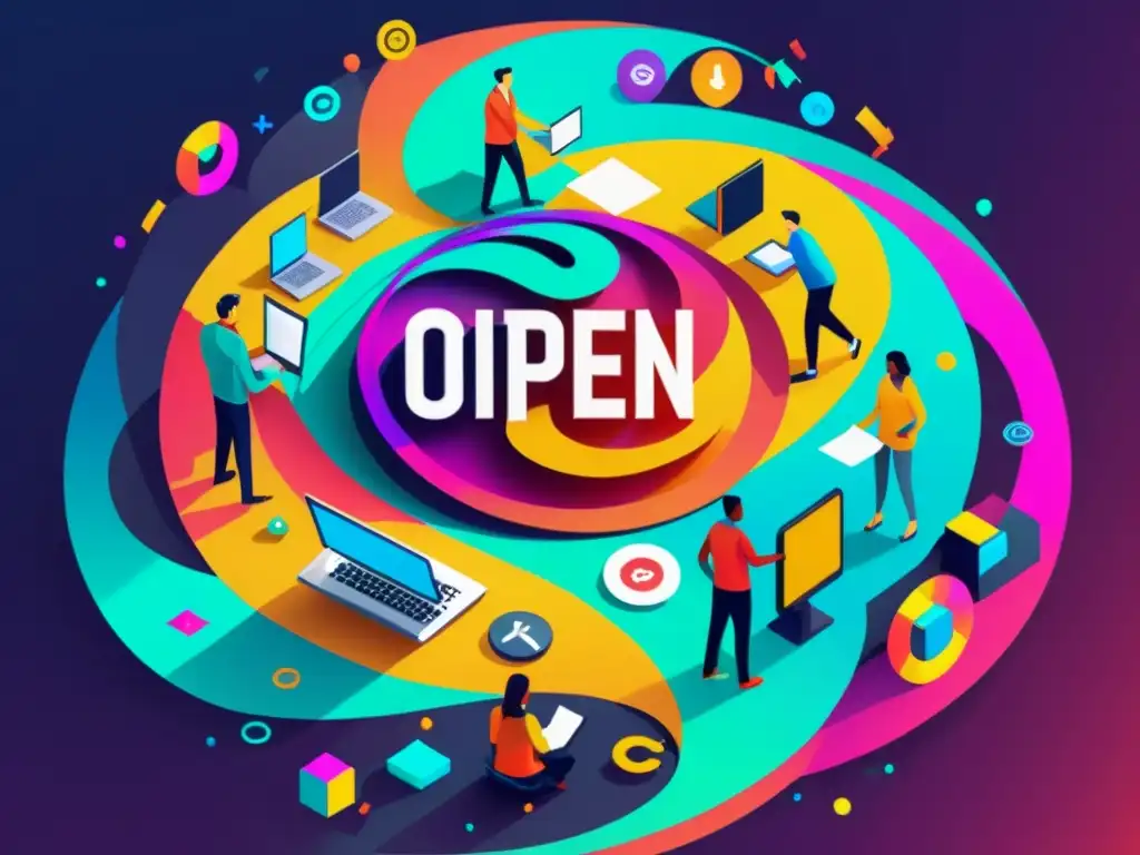 Equipo diverso colaborando en desarrollo de software de código abierto, con símbolos tecnológicos coloridos