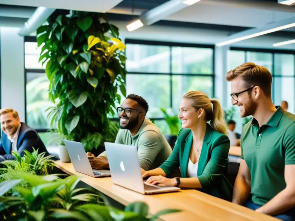 Un equipo diverso de desarrollo de software colaborando en un espacio de oficina moderno y luminoso, rodeado de plantas verdes