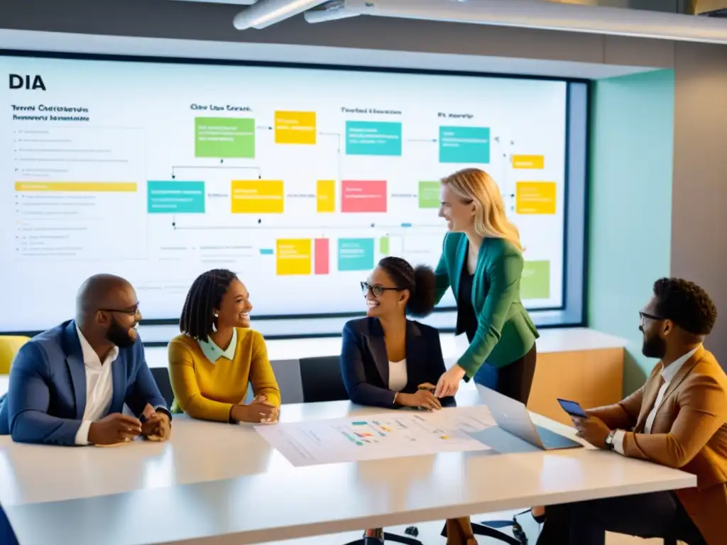 Sesión de colaboración creativa con Dia: equipo diverso en la oficina Un equipo diverso colabora en un diagrama de flujo con el software de código abierto, Dia