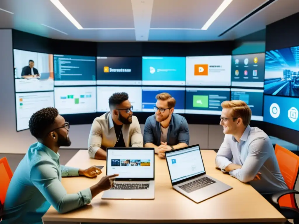 Un equipo diverso de diseñadores colabora en un proyecto, rodeados de pantallas que muestran elementos de diseño y repositorios de Git