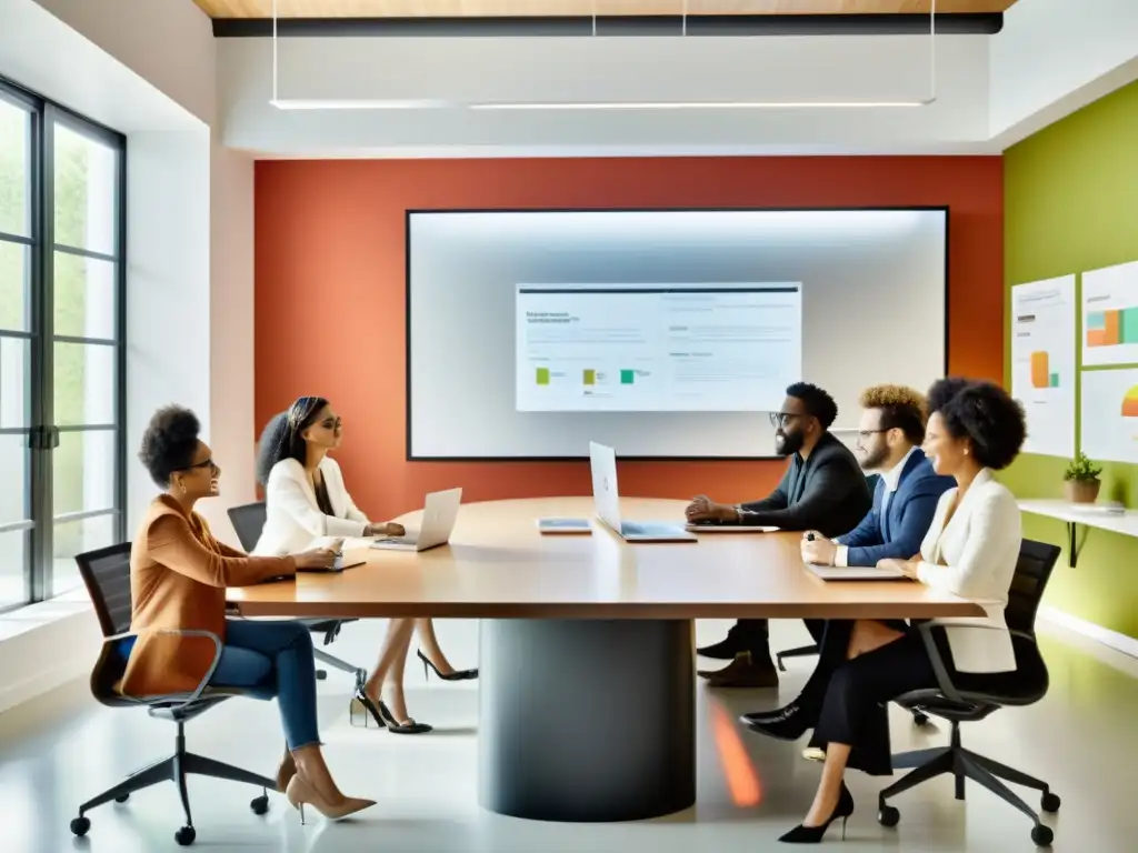 Equipo diverso de diseñadores colaborando creativamente en una sala luminosa y moderna