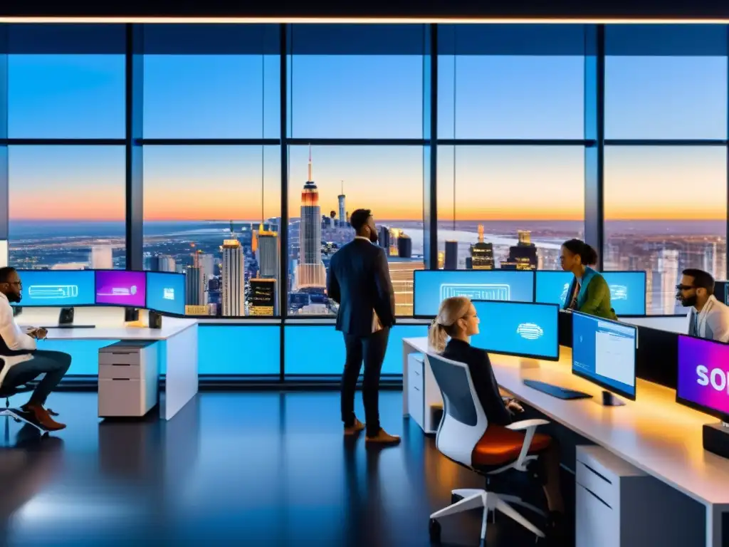 Un equipo diverso de empleados concentrados colaborando en una oficina moderna, rodeados de tecnología de vanguardia y pantallas de código abierto de IA, con la ciudad de fondo