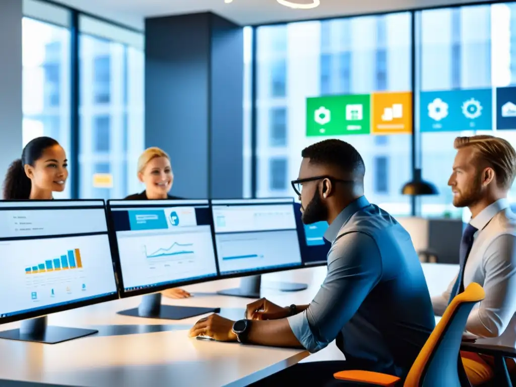 Equipo diverso colabora en un entorno de oficina moderno, destacando la adaptabilidad y escalabilidad del sistema ERP