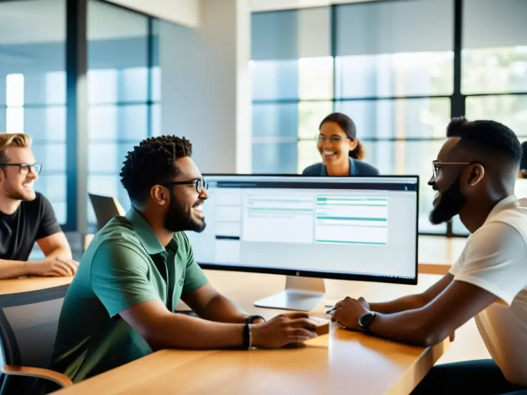 Equipo diverso colabora con entusiasmo en un espacio de oficina moderno y luminoso, creando oportunidades de negocio con software de código abierto