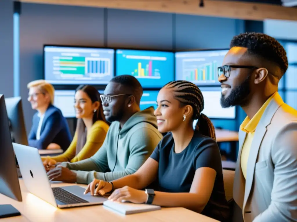 Equipo diverso colaborando en programación en un espacio coworking moderno, con monitores y software de código abierto