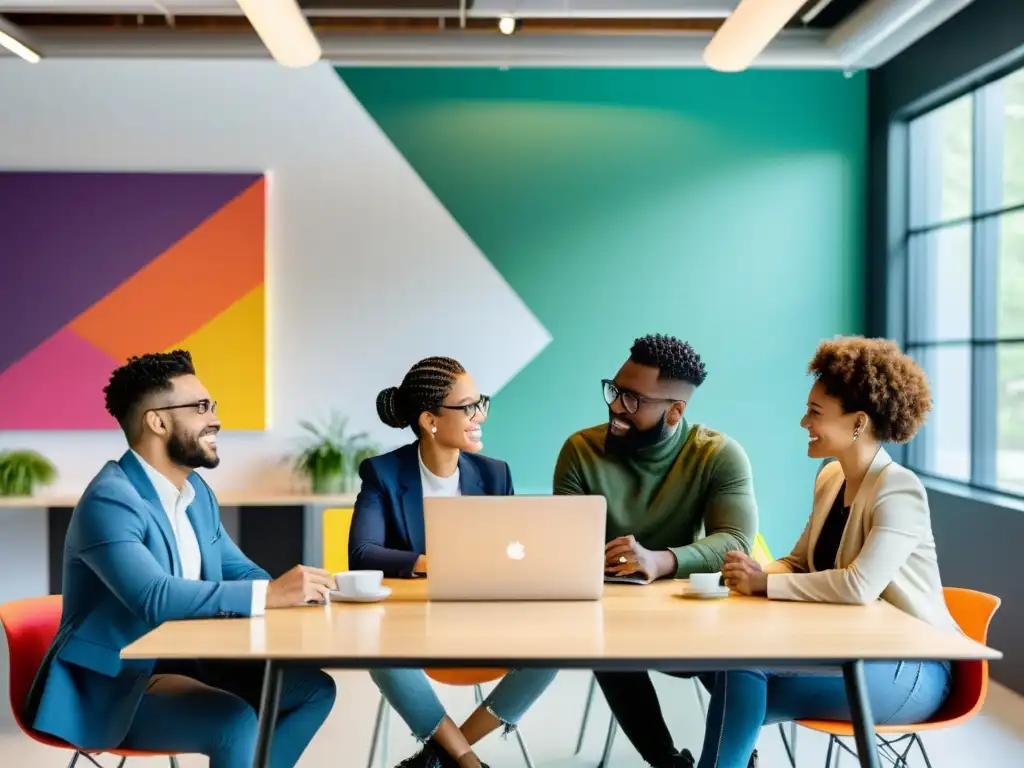 Un equipo diverso colabora en un espacio moderno, rodeado de arte colorido