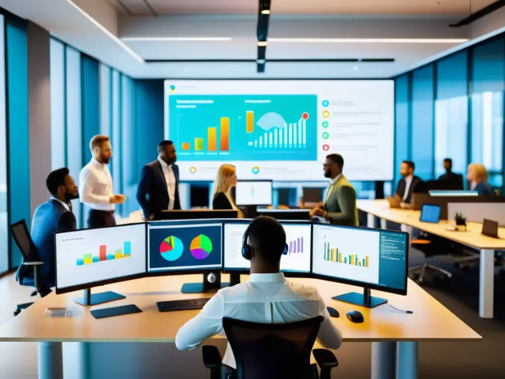 Equipo colaborativo en oficina moderna: energía dinámica y tecnología punta Un equipo diverso colabora en un espacio moderno y dinámico, creando software de código abierto