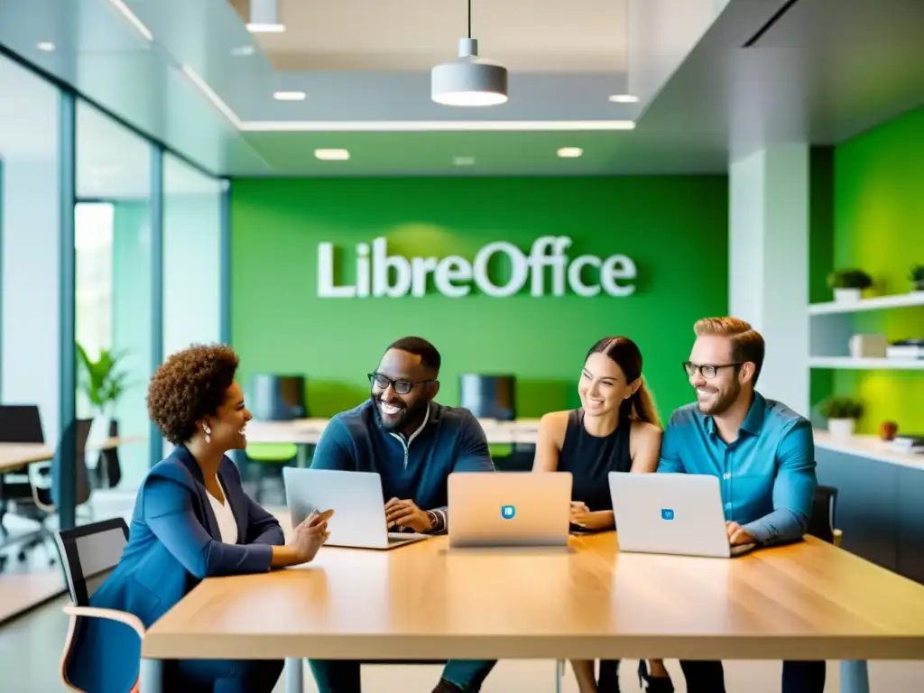 Un equipo diverso colabora en un espacio de oficina moderno, implementando software de código abierto, con laptops y tablets que muestran LibreOffice