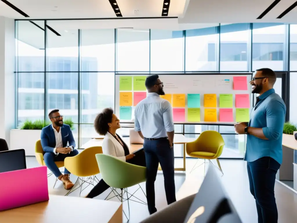 Un equipo diverso colabora en un espacio de oficina moderno, con luz natural y tecnología