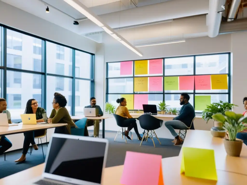 Equipo diverso colaborando en un espacio de oficina moderno y luminoso, trabajando en proyectos de código abierto