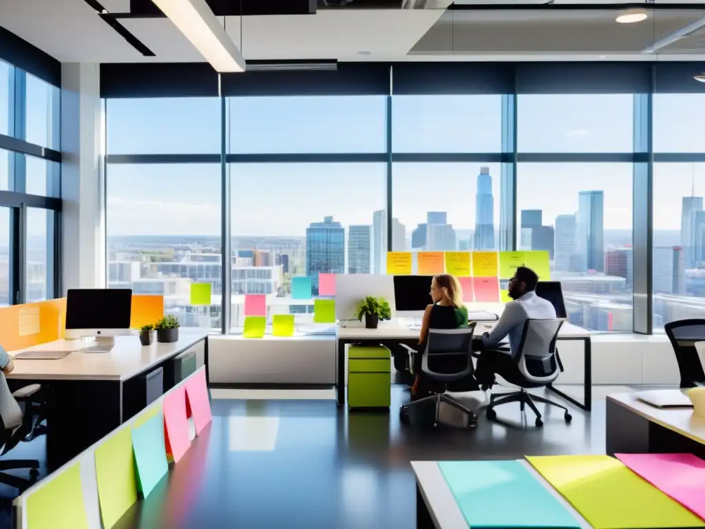 Un equipo diverso colaborando en un espacio de oficina brillante, rodeado de tecnología moderna y grandes ventanas con vista a la ciudad