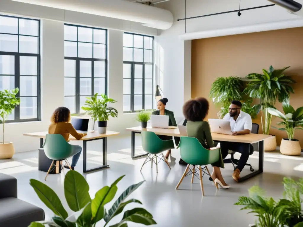 Un equipo diverso colabora en un espacio de oficina luminoso, promoviendo la inclusión en la industria tecnológica