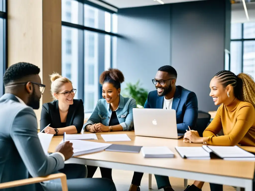 Equipo diverso colabora en estructura jerárquica de código abierto, reflejando dinamismo y profesionalismo en oficina moderna