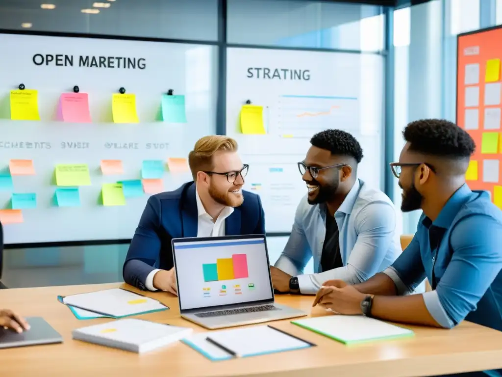 Un equipo diverso de jóvenes profesionales colabora en estrategias de marketing para startups de código abierto en una oficina moderna