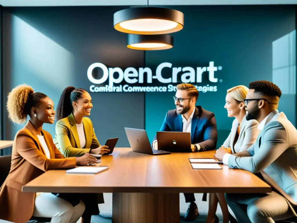 Equipo diverso discutiendo las mejores estrategias de marketing digital para OpenCart, reflejando colaboración y experiencia en moderna oficina