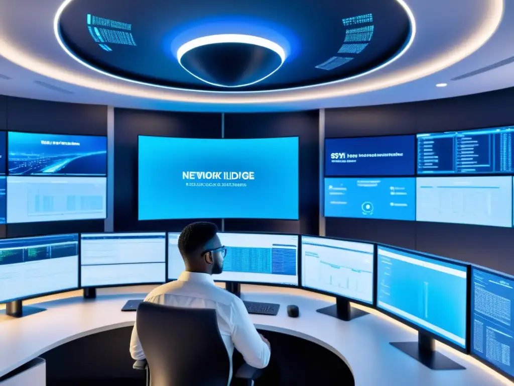 Centro de Operaciones de Red Futurista con Vigilancia Proactiva de Sistemas en 8K Equipo diverso en moderno centro de operaciones, monitoreo de sistemas Nagios, pantallas curvas y luz azul
