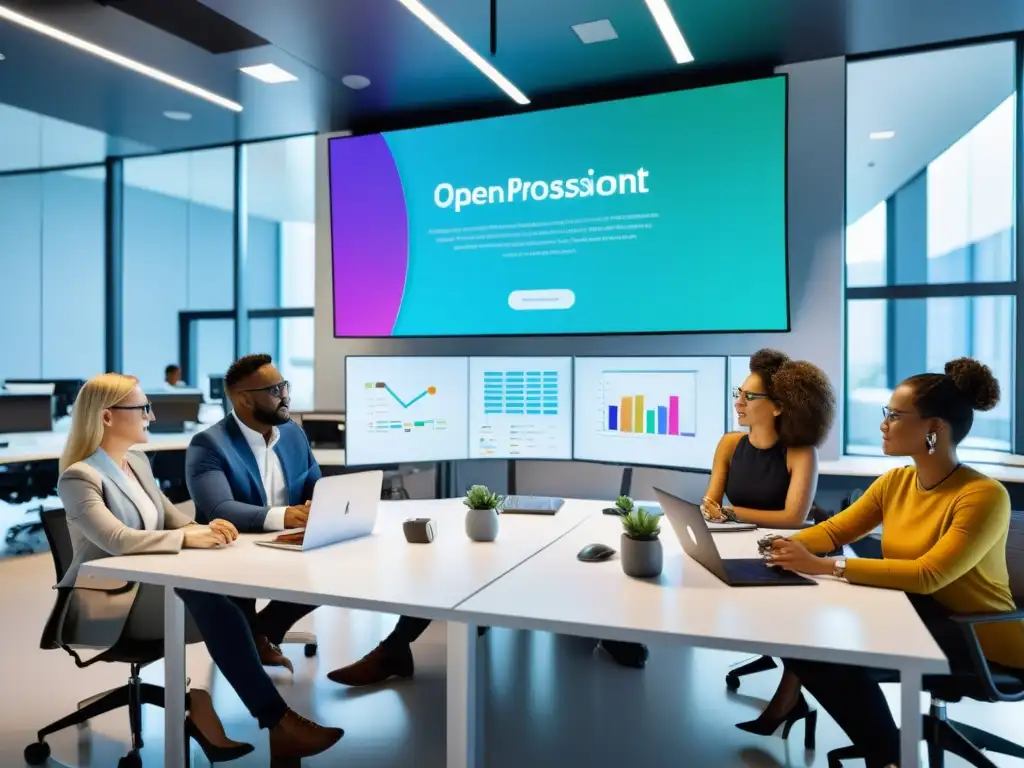 Un equipo diverso colabora en un moderno espacio de oficina, discutiendo, codificando y diseñando software